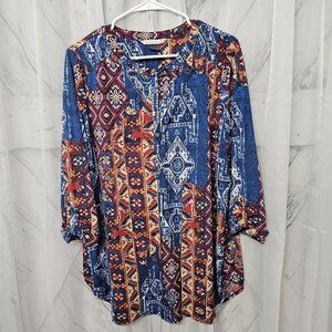 Nygard Blue Orange Aztec Boho Pullover Henley Blouse Size 1X